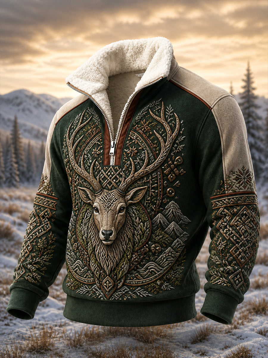 Retro nordiskt stilart djurkonsttryck avslappnad sweatshirt med dragkedja