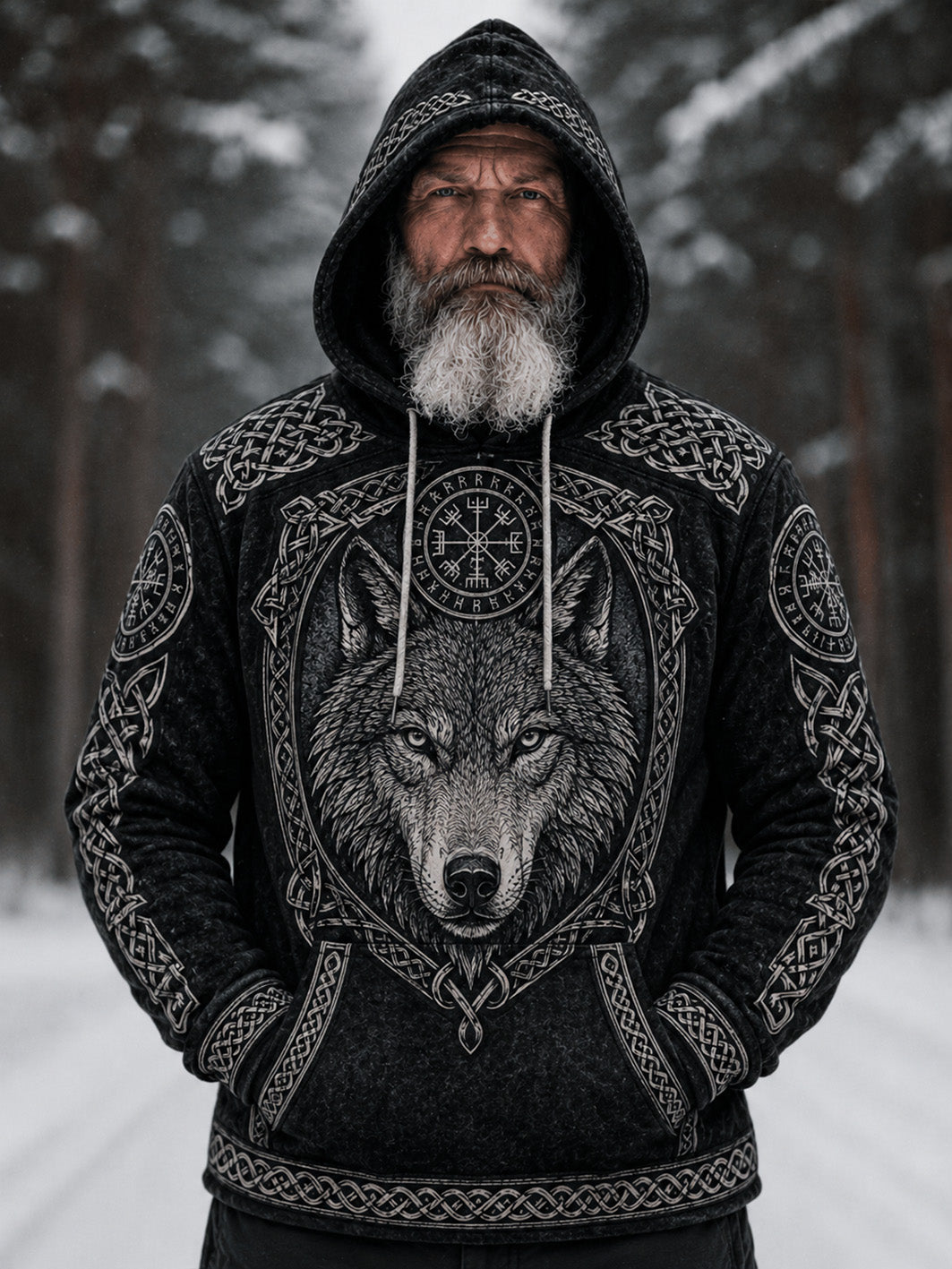 Herrlig retrovikingahuvtröja i vikingastil med vargansiktsmönster och keltiskt knutmotiv