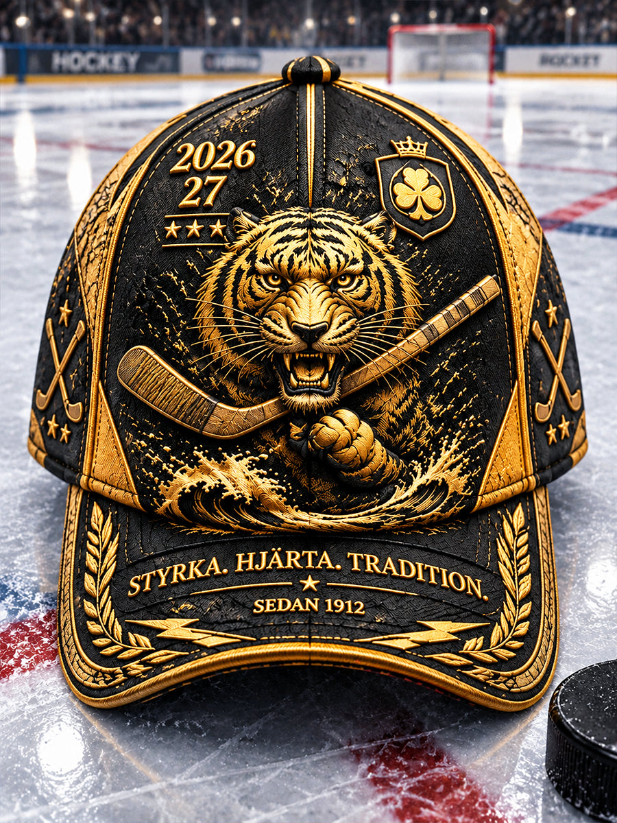 Mörk svensk mössa med Brynäs IF Tigers-mönster och patchwork-tryck