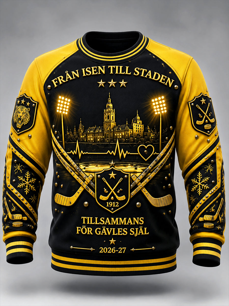 Herrliggande casual sweatshirt från Brynäs IF med svensk ishockey-mönster i patchwork-stil