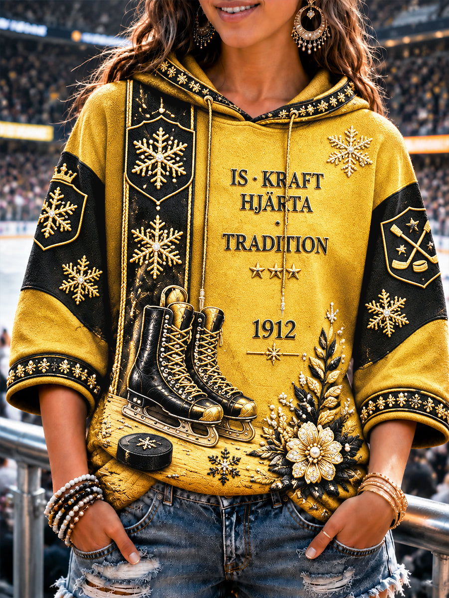 Damtröja från Brynäs IF med svensk ishockeymönster i patchworkstil och lös passform med huvudkläde