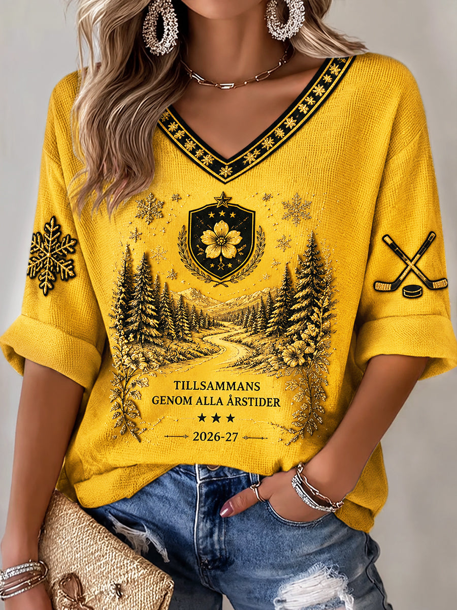 Dammens gula Brynäs IF-svensk ishockeytryckt t-shirt med V-ringning och lång ärm