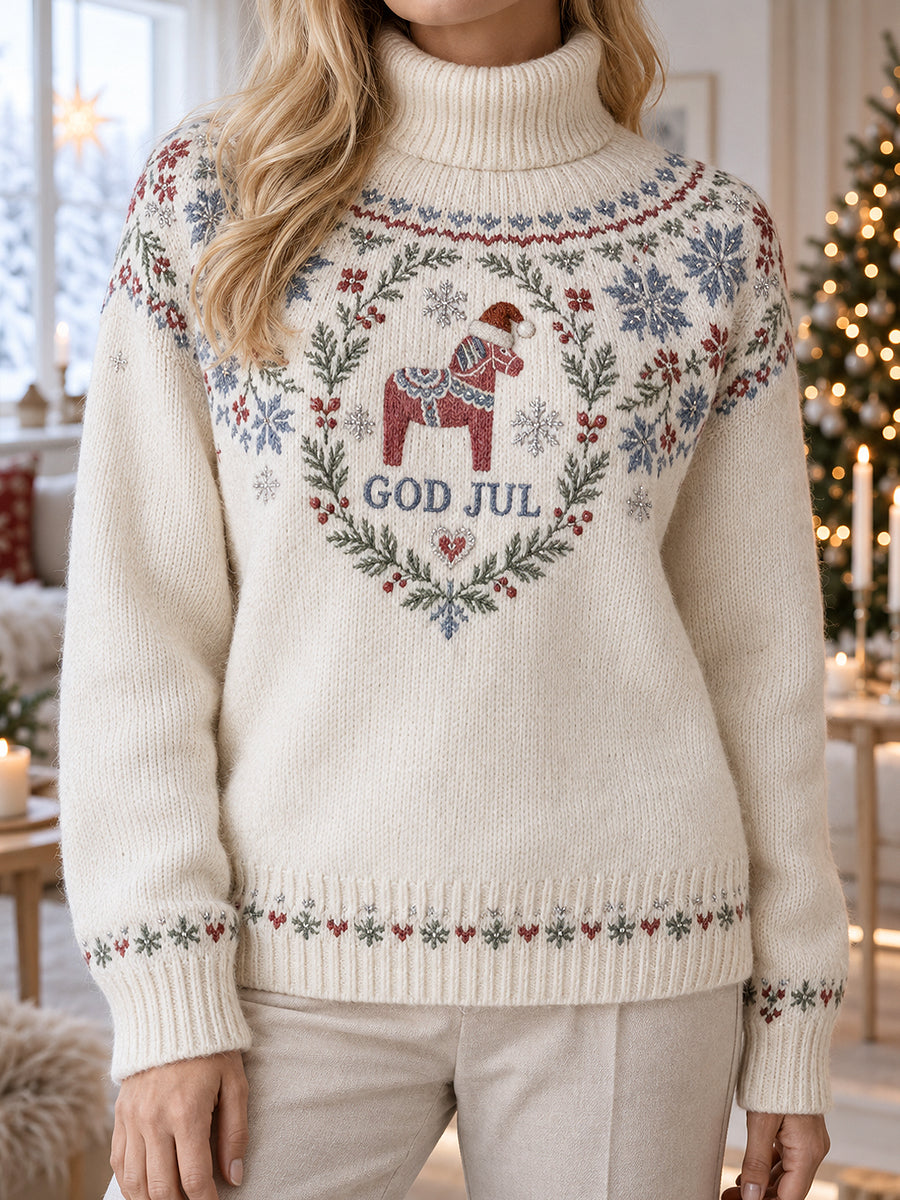 Damsweater med jultryck, hög hals och långa ärmar