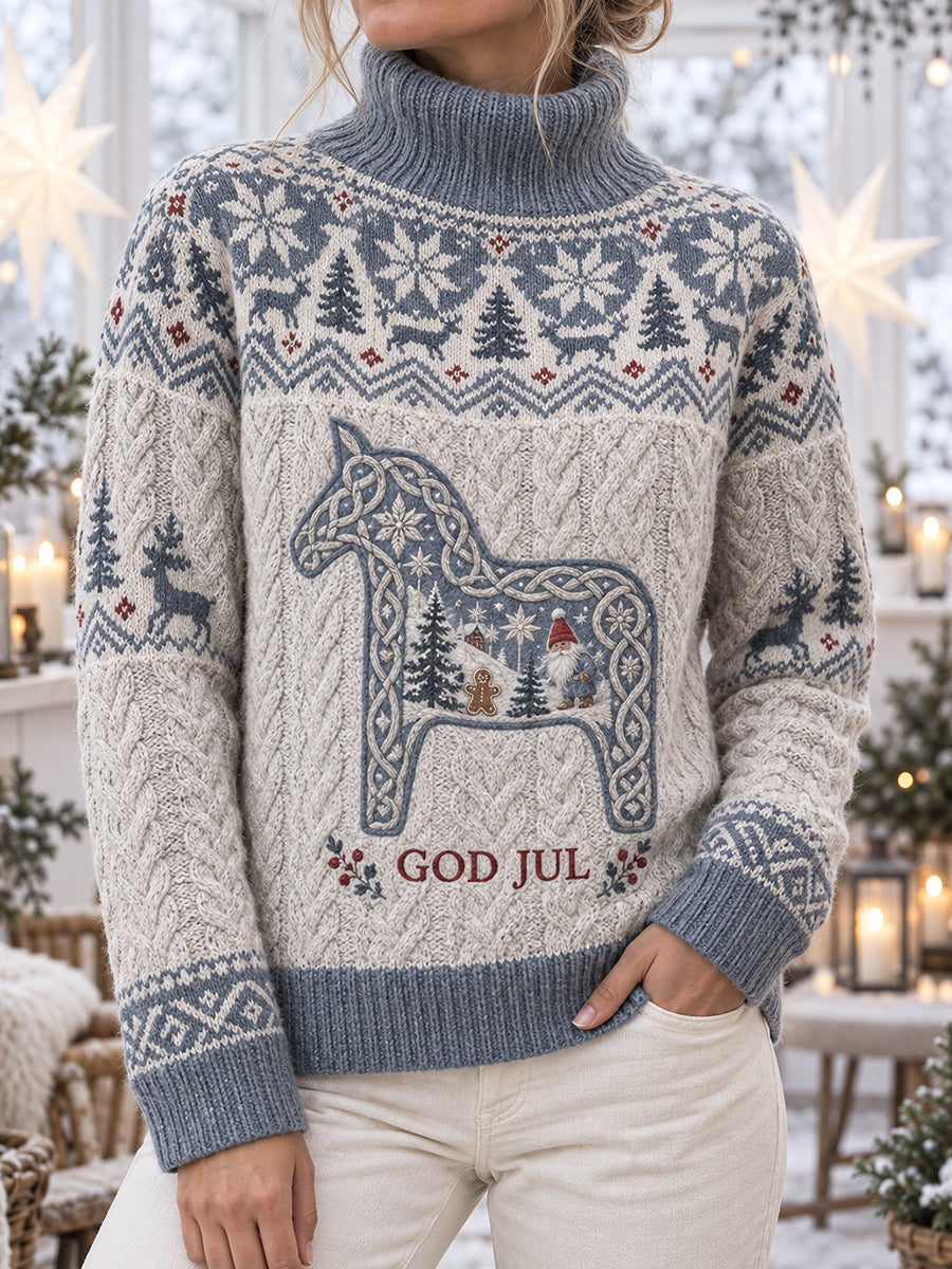 Damsweater med jultryck, hög hals och långa ärmar