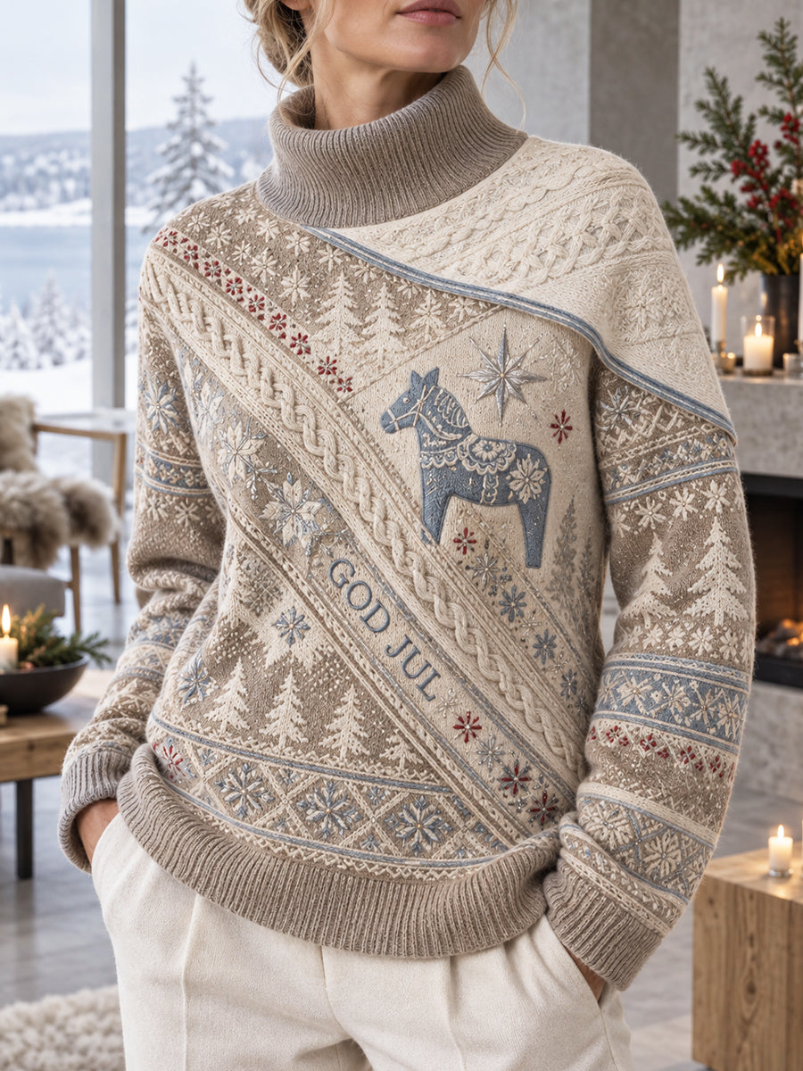 Damsweater med jultryck, hög hals och långa ärmar