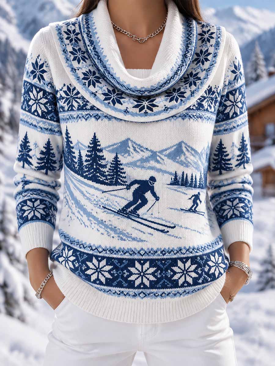 Damegenser med vintermotiv og ski-trykk
