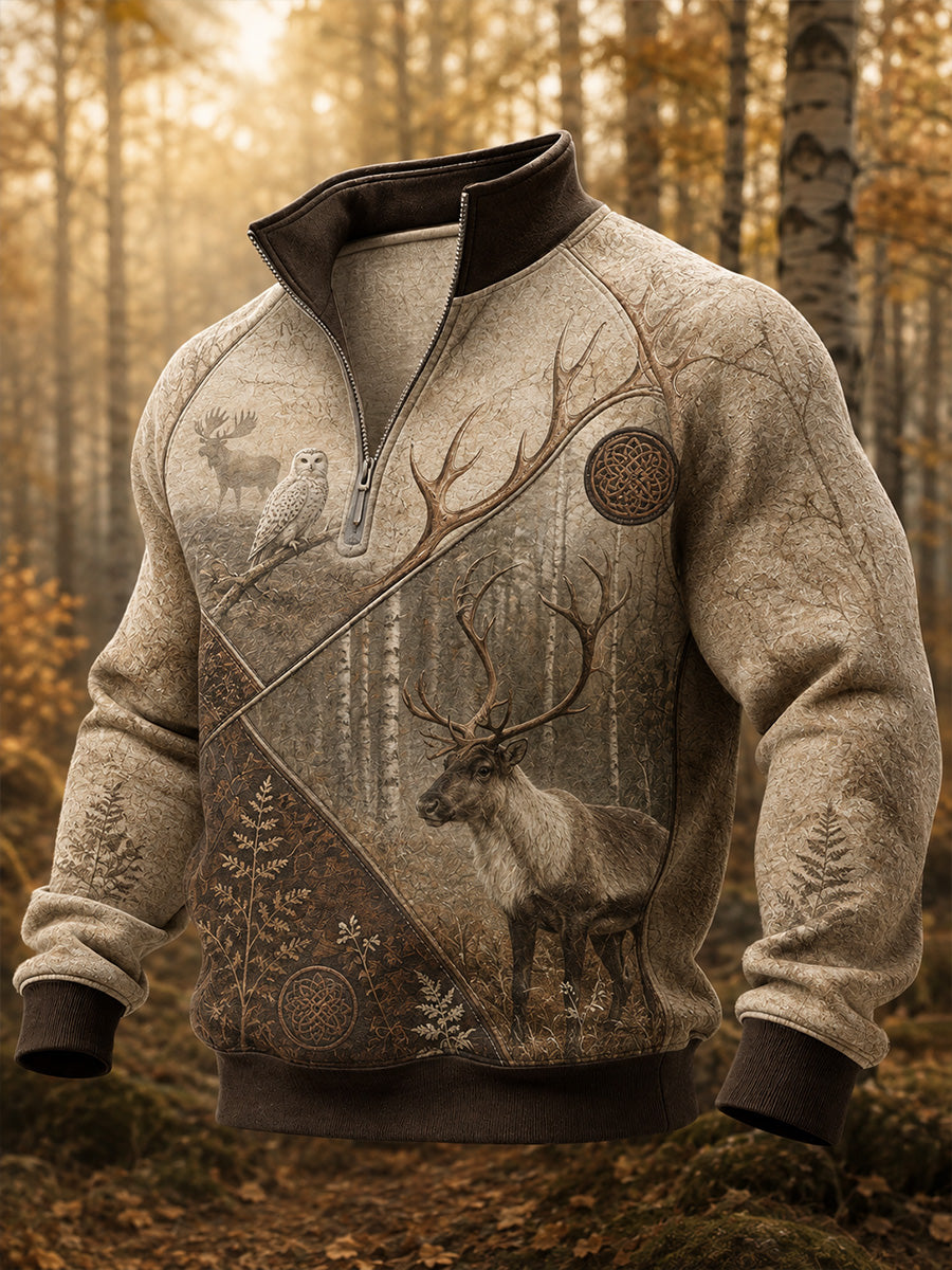 Retro Nordic Art Print Casual Bekväm Zip-Up Sweatshirt