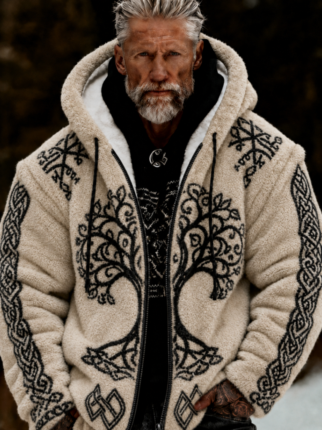 Mäns viking keltiska konst plush mysig varm dragkedja Flannel jacka