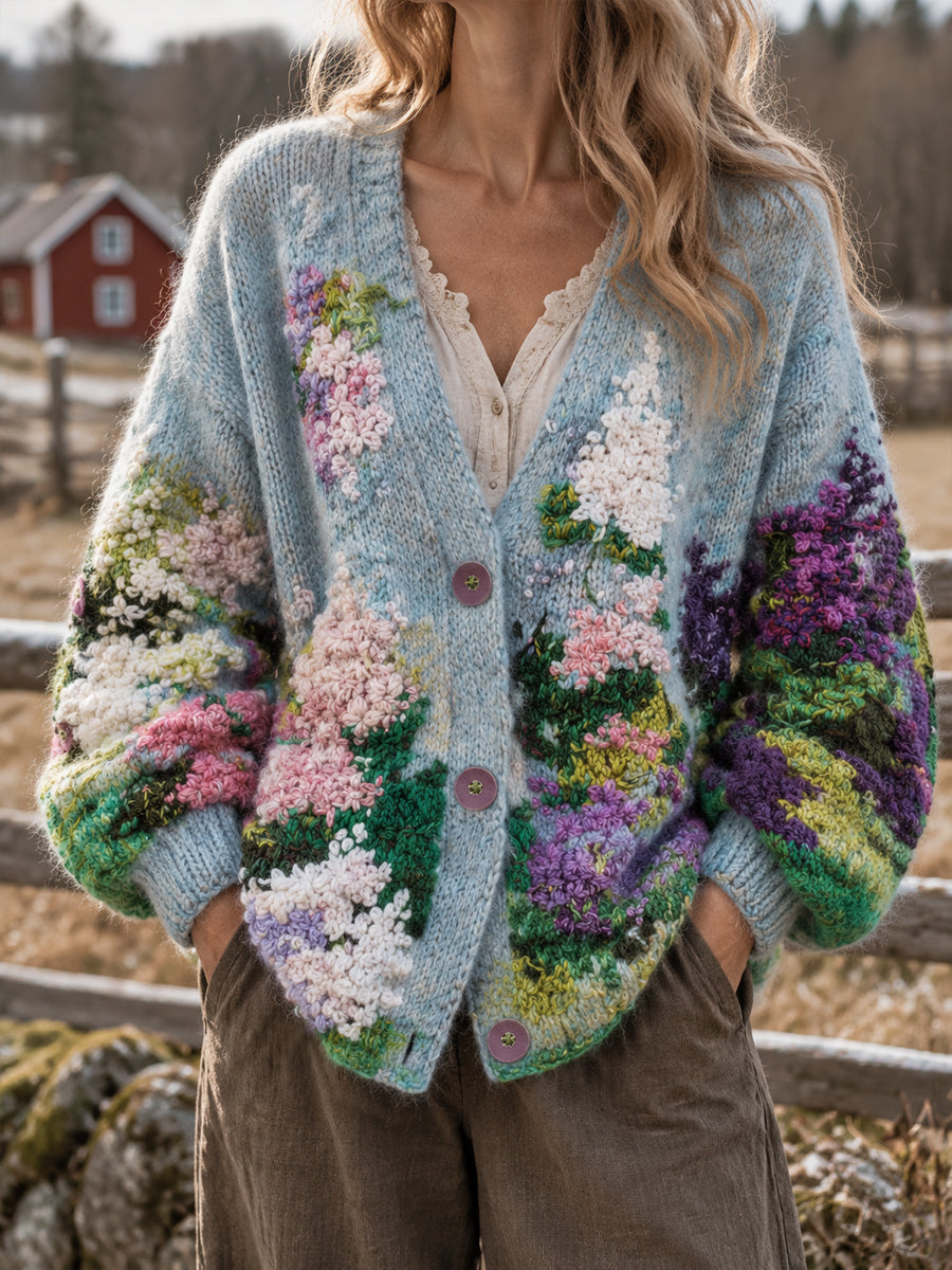 Kvinnor land gård liv oljemålning Floral Cardigan