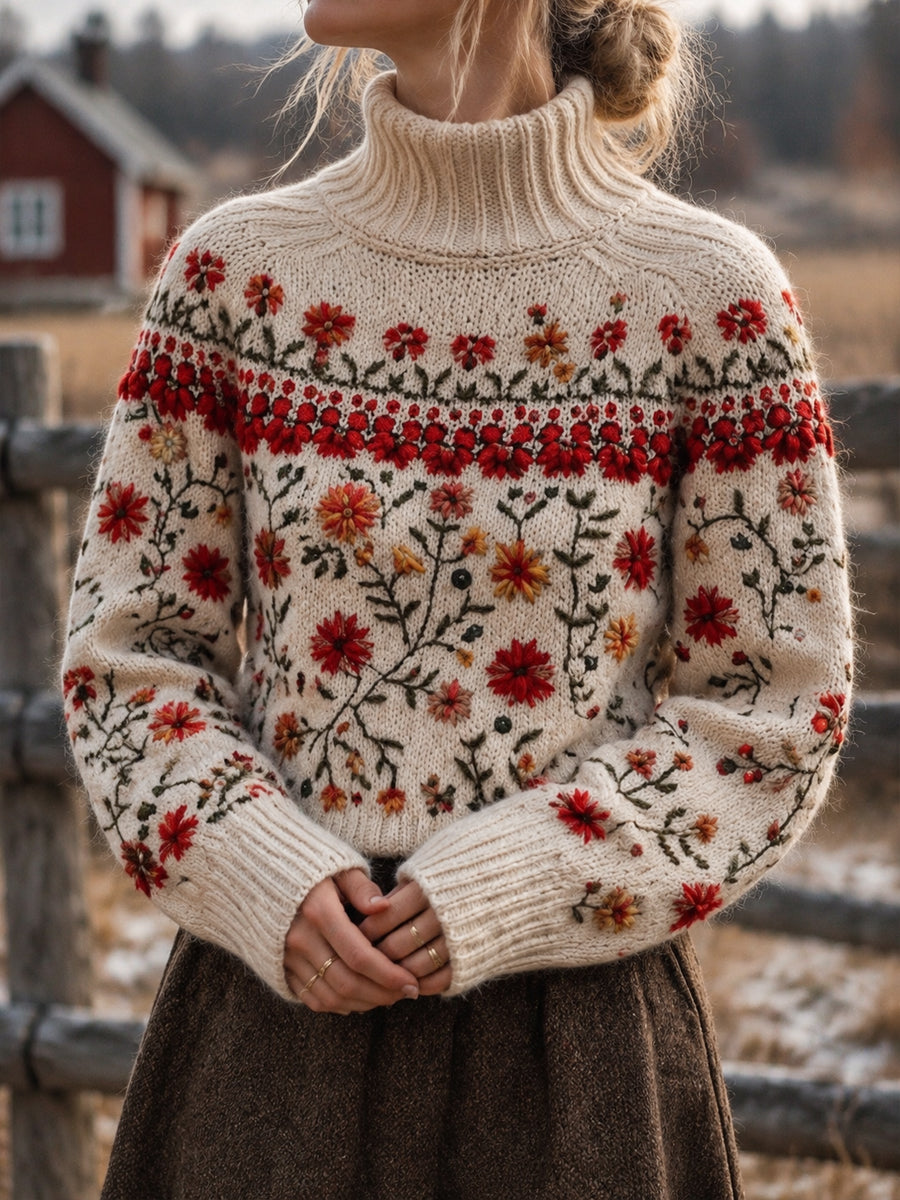 Kvinnors land gård-stil Floral Höga halcke Pullover