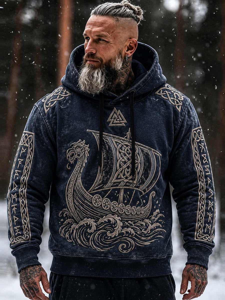 Mansvintage mysig hoodie med vikingainspirerat keltiskt mönster