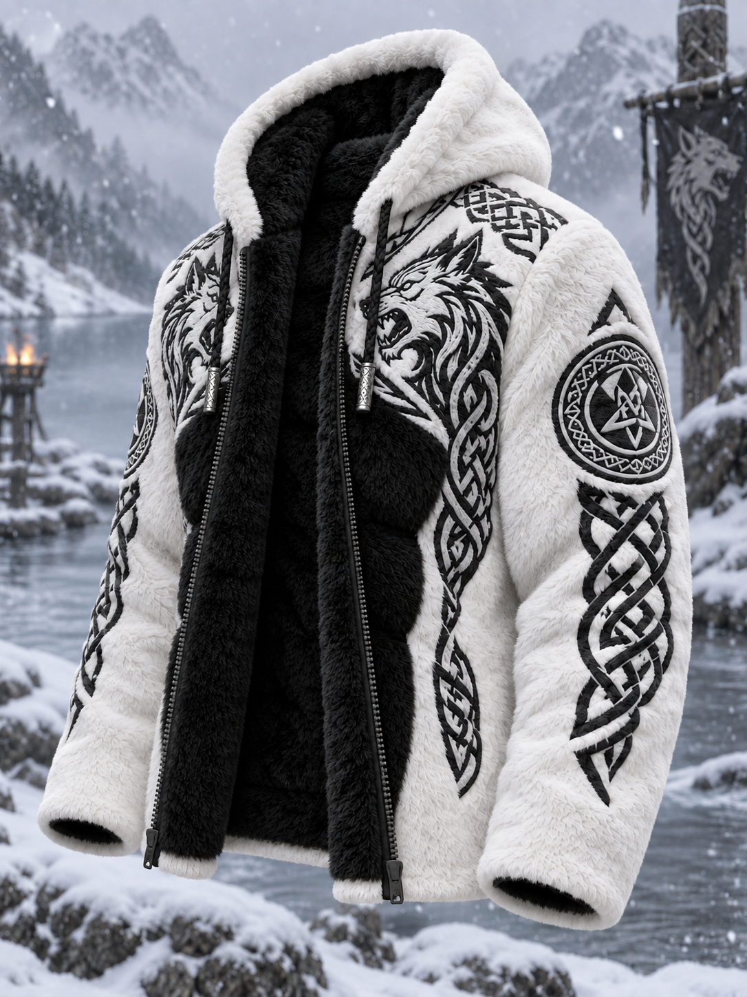 Herrjacka i viking- och keltisk stil, mjuk och mysig, med dragkedja och huva