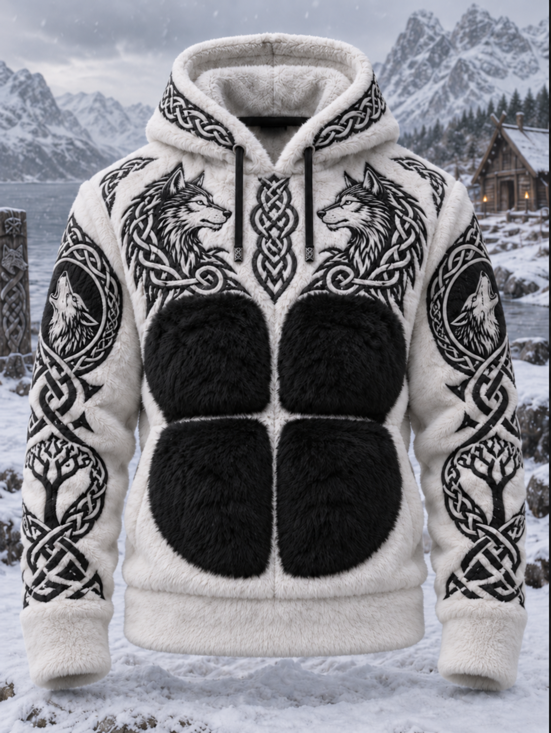 Mäns vikinga Tribal Style Wolf Head Jacquard keltisk knop konst Flannel varm Hoodie