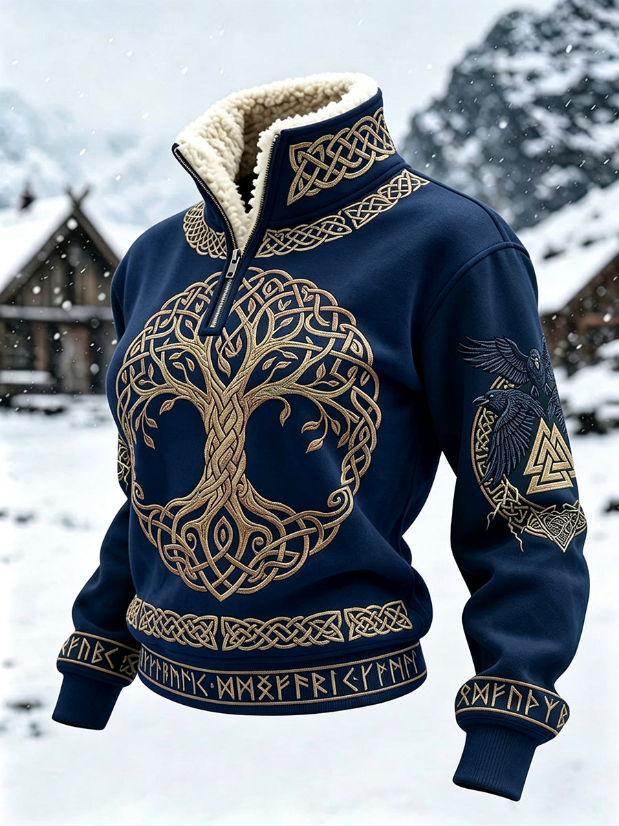 Damvintage viking Livets Träd keltiskt tryck topp med pälskrage
