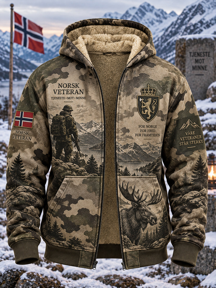 Herrejakke med hette og minnetrykk for militærveteraner