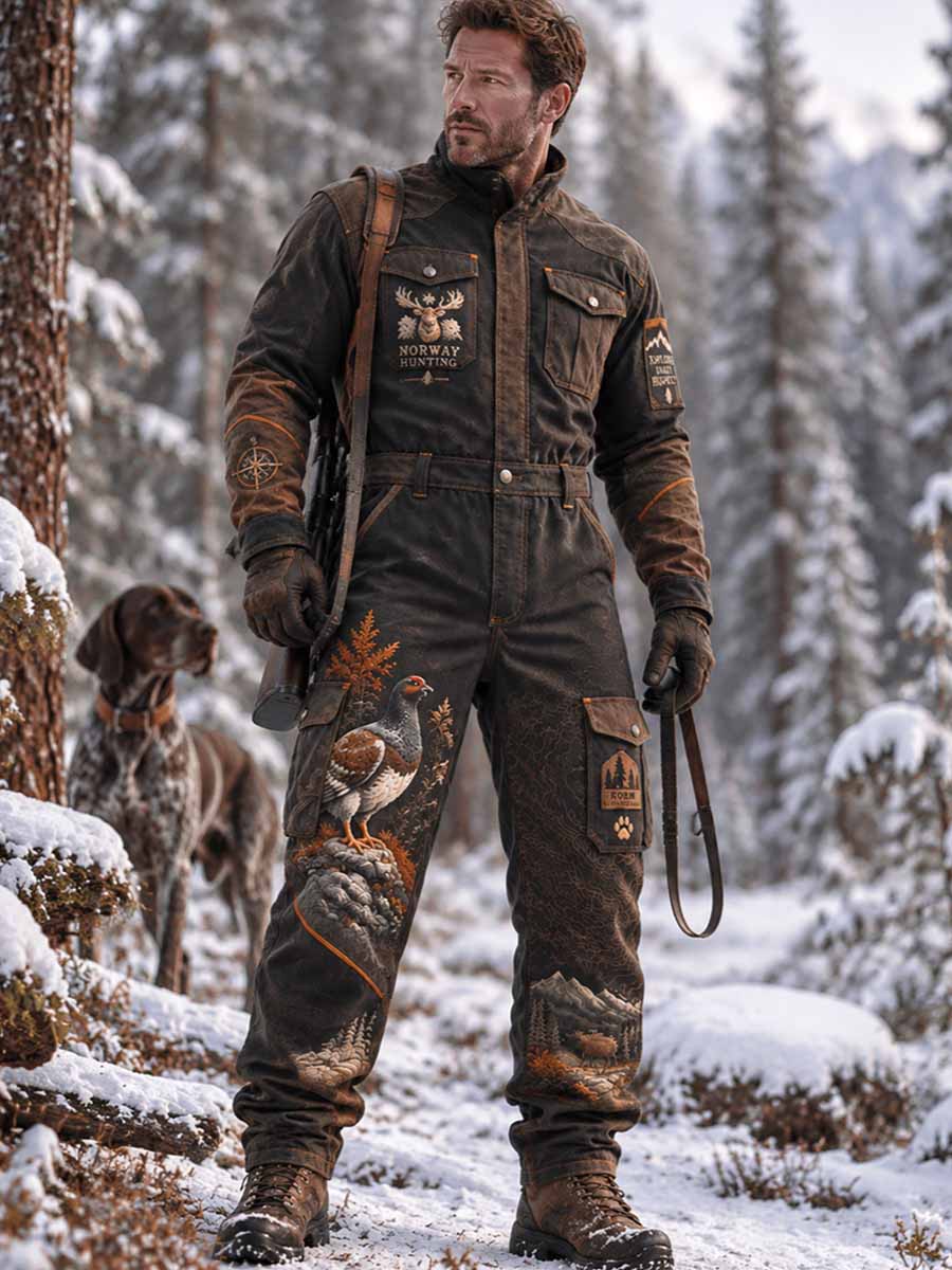 Menns retro jumpsuit med jaktsesongmønster for utendørsbruk