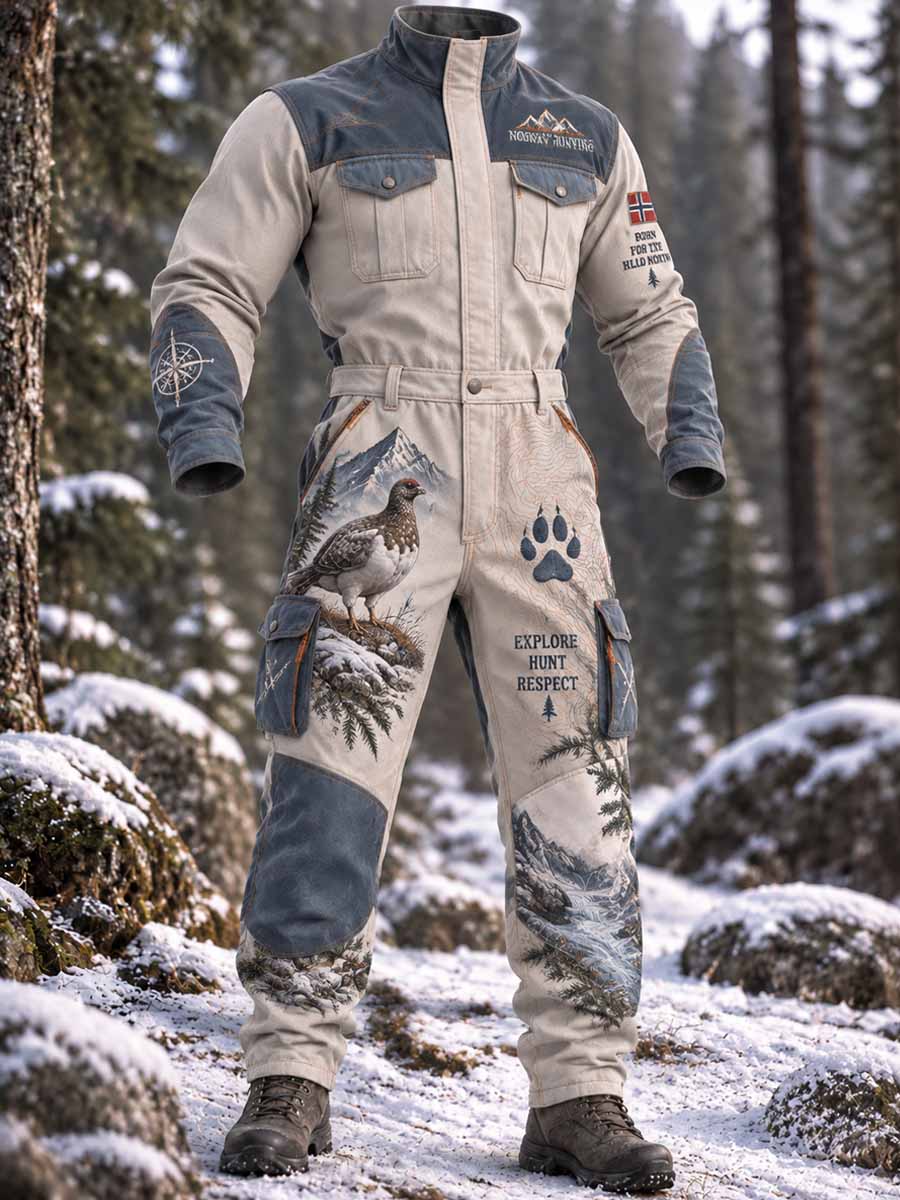 Menns retro jumpsuit med jaktsesongmønster for utendørsbruk