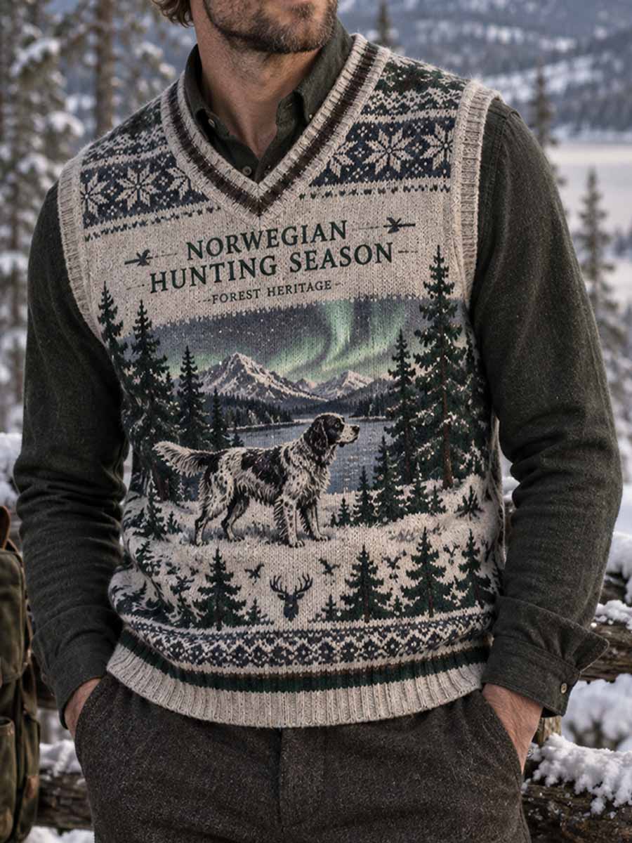 Genser med hundemønster i skogmotiv for menn, vintage-stil
