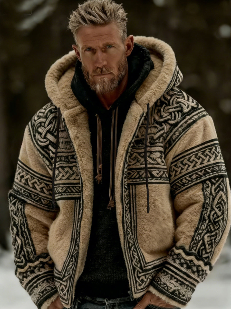 Men's Viking Celtic Art Plush Cozy Warm Zipper Flannel Jacket