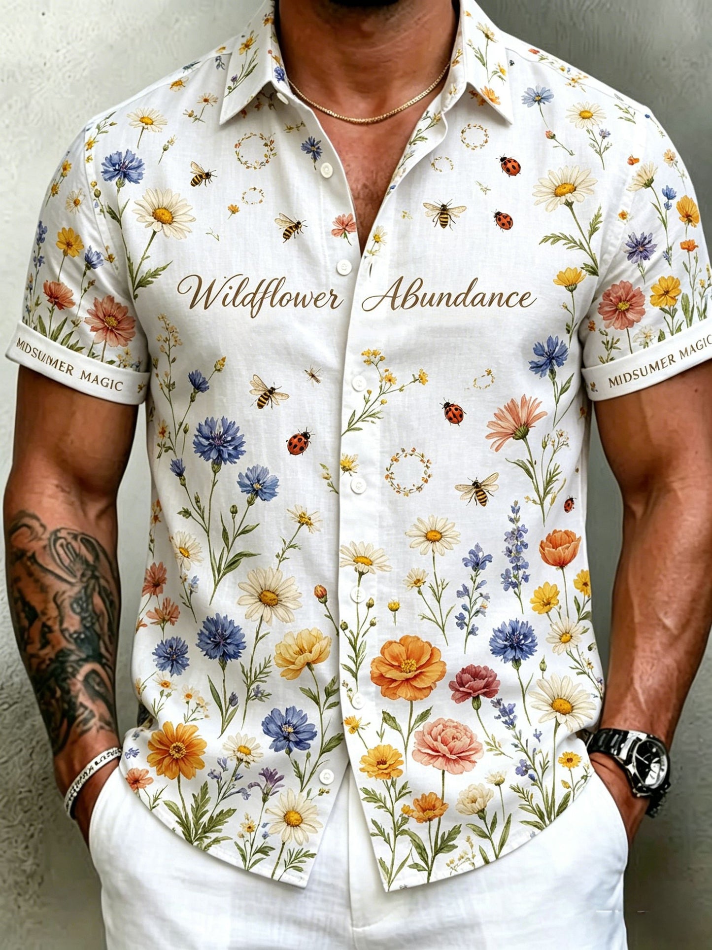 Men's retro Swedish Midsummer folk never-fading floral cotton-linen short-sleeved shirt
