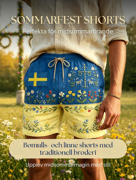Mens Retro Swedish Midsummer Folk Floral Cotton-Linen Shorts