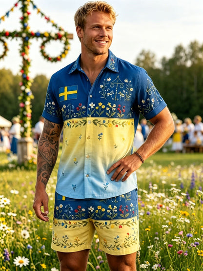 Mens Retro Swedish Midsummer Folk Floral Cotton-Linen Shorts
