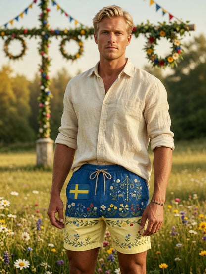 Mens Retro Swedish Midsummer Folk Floral Cotton-Linen Shorts