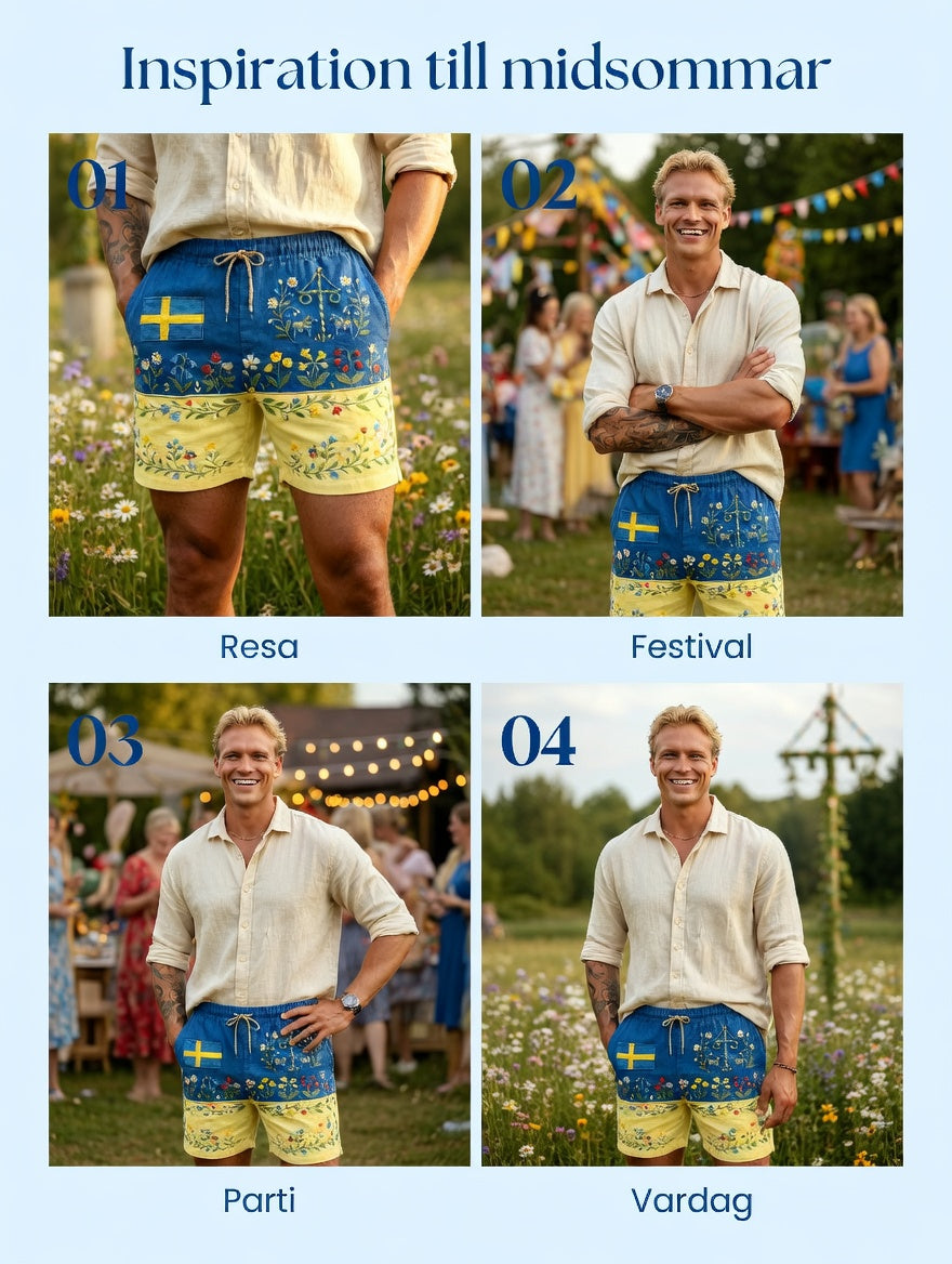 Mens Retro Swedish Midsummer Folk Floral Cotton-Linen Shorts