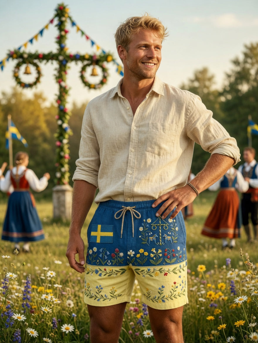 Mens Retro Swedish Midsummer Folk Floral Cotton-Linen Shorts