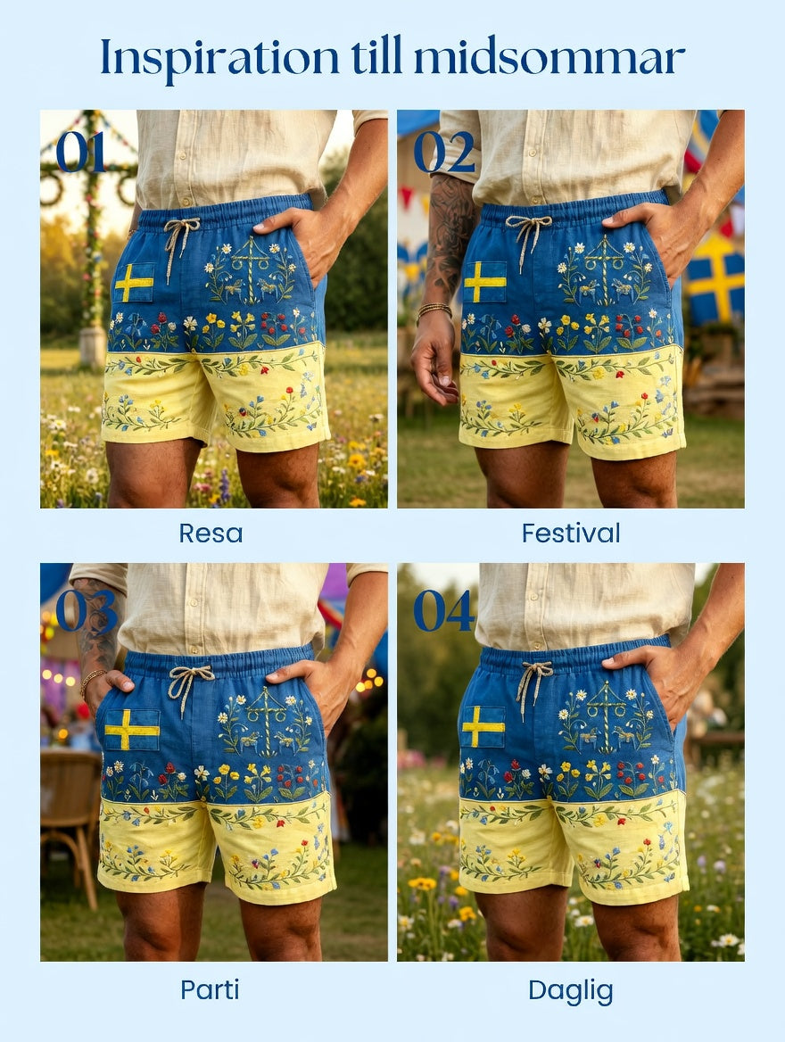Mens Retro Swedish Midsummer Folk Floral Cotton-Linen Shorts