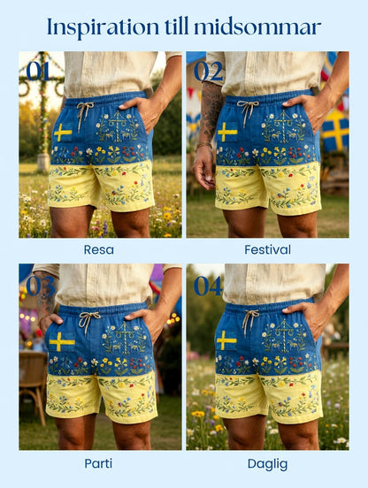 Mens Retro Swedish Midsummer Folk Floral Cotton-Linen Shorts