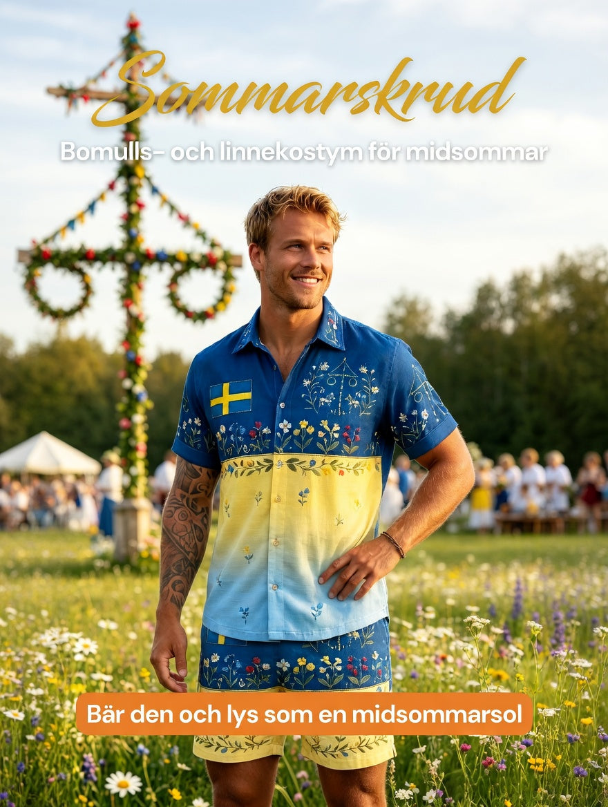 Mens Retro Swedish Midsummer Folk Floral Cotton-Linen Shorts