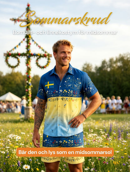 Mens Retro Swedish Midsummer Folk Floral Cotton-Linen Shorts