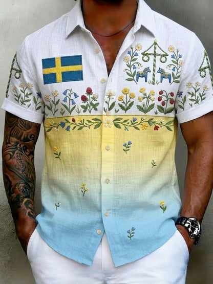 Men's retro Swedish Midsummer folk never floral cotton-linen short-sleeved shirt