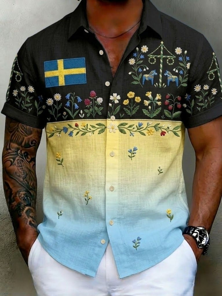 Men's retro Swedish Midsummer folk never floral cotton-linen short-sleeved shirt