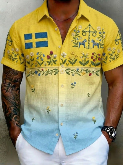 Men's retro Swedish Midsummer folk never floral cotton-linen short-sleeved shirt