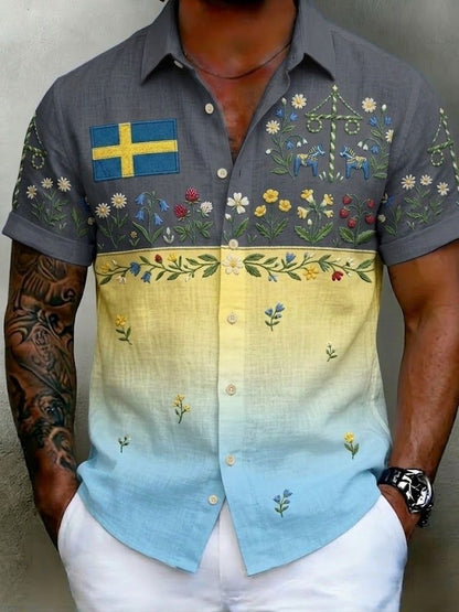 Men's retro Swedish Midsummer folk never floral cotton-linen short-sleeved shirt