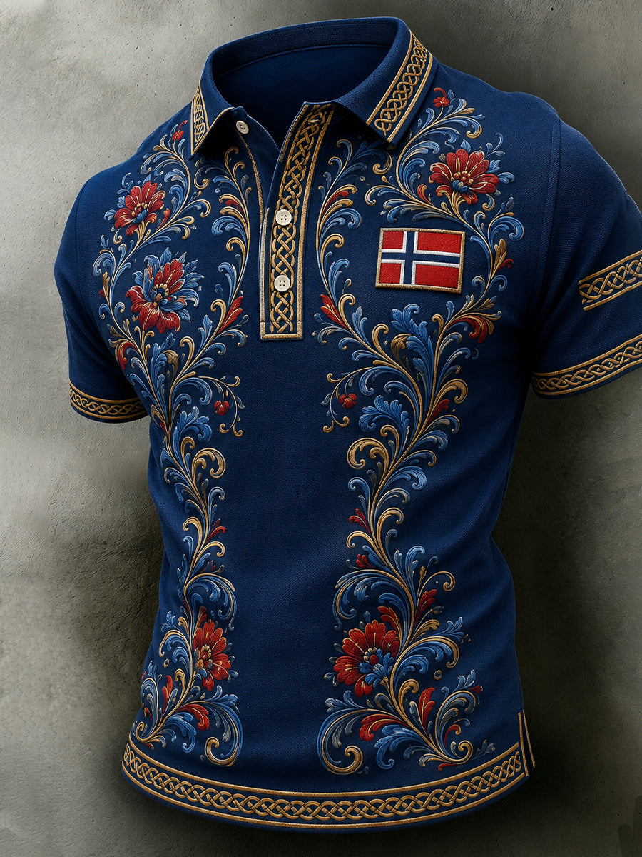 Men's Retro Nordic Style Norwegian Art Print Casual Polo Shirt