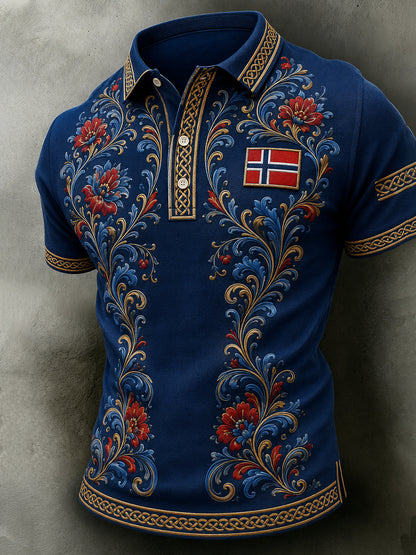 Men's Retro Nordic Style Norwegian Art Print Casual Polo Shirt