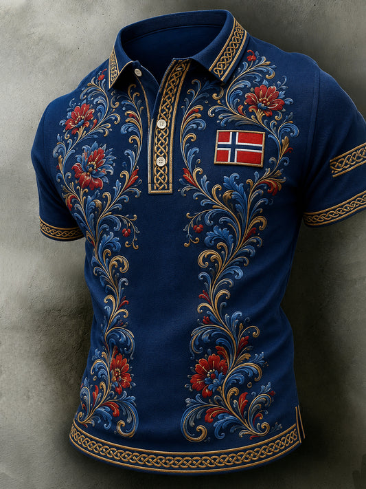 Men's Retro Nordic Style Norwegian Art Print Casual Polo Shirt