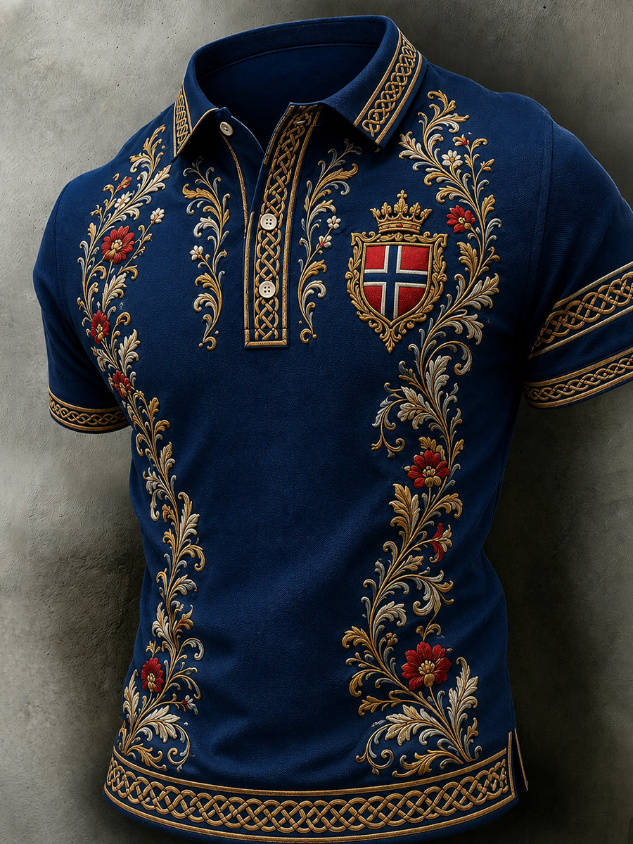 Men's Retro Nordic Style Norwegian Art Print Casual Polo Shirt