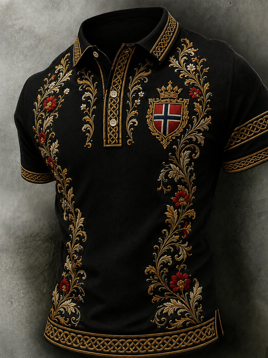 Men's Retro Nordic Style Norwegian Art Print Casual Polo Shirt