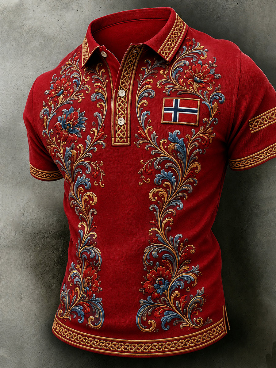 Men's Retro Nordic Style Norwegian Art Print Casual Polo Shirt