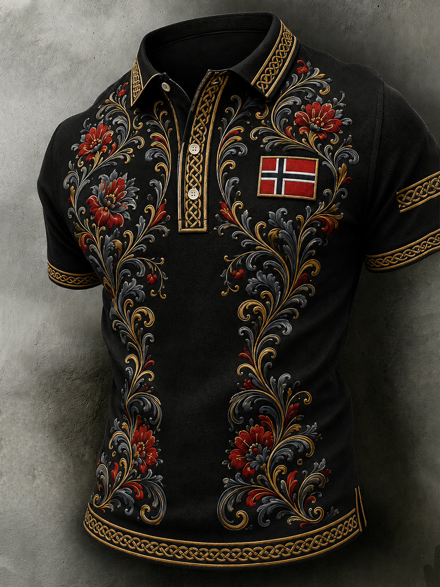 Men's Retro Nordic Style Norwegian Art Print Casual Polo Shirt