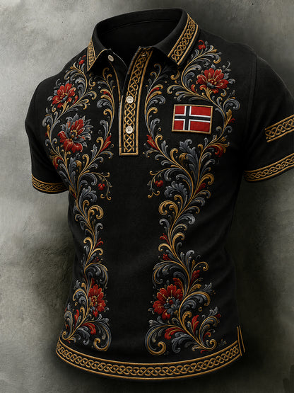 Men's Retro Nordic Style Norwegian Art Print Casual Polo Shirt