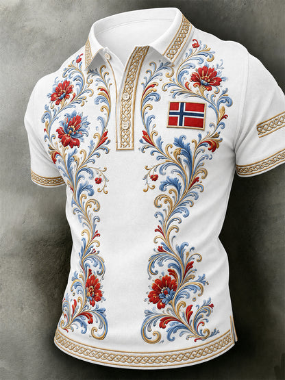 Men's Retro Nordic Style Norwegian Art Print Casual Polo Shirt