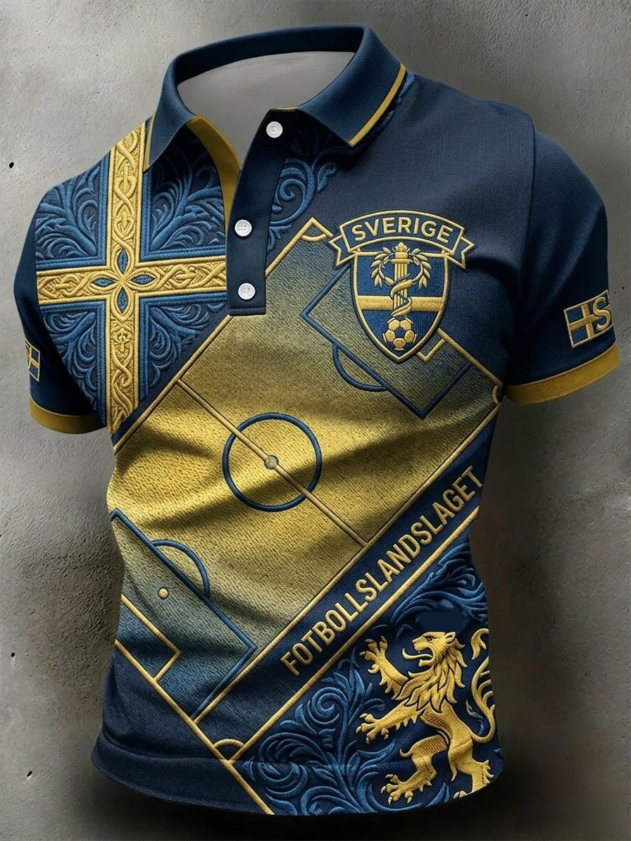 Retro 2026 Swedish Style Football Theme Patch Stitch Polo Shirt
