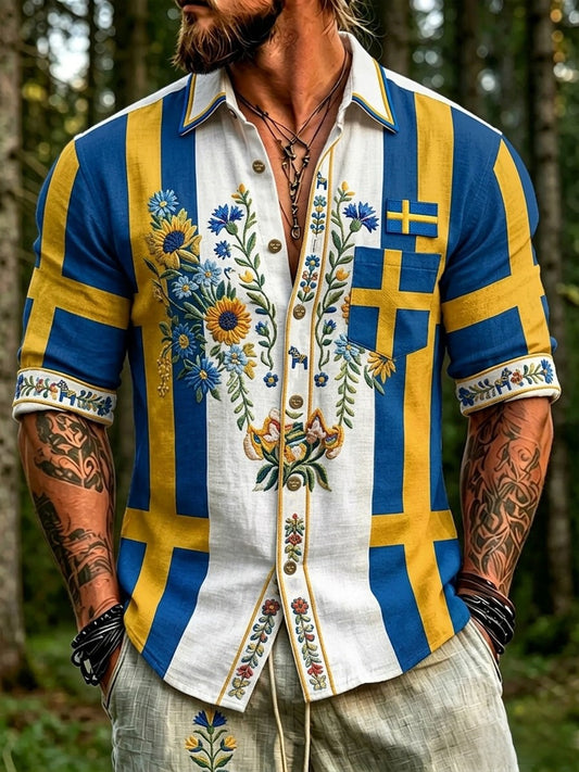 Men's retro Swedish National Day Midsummer folkloric floral long-sleeved shirt