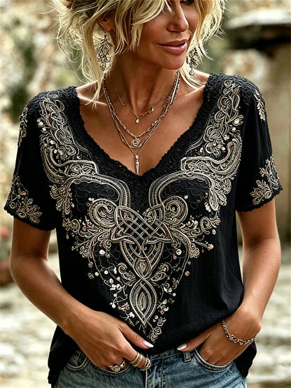 Women's classic Viking Celtic knot print linen short-sleeve t-shirt