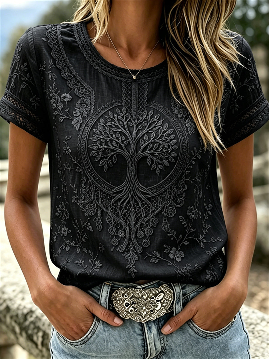 Women's manor blouse with Viking traditional tree of life and floral lace pattern, linen with short sleeves